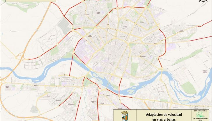 Mapa de calles a 50 kmh en rojo el resto, a 30 kmh