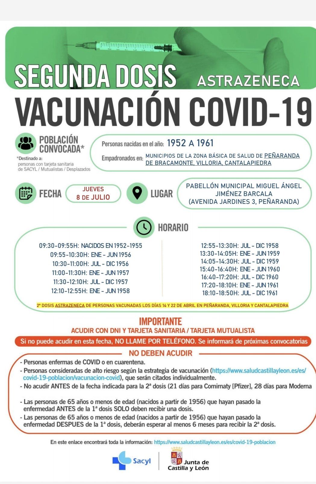 Vacunación segunda dosis AstraZeneca en Peñaranda, Villoria y Cantalapiedra