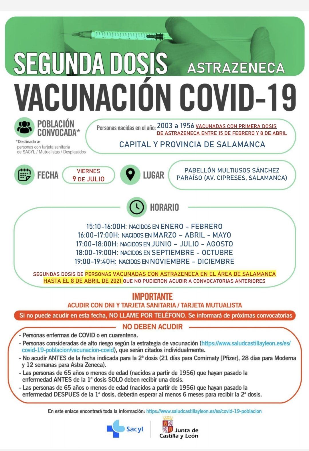 Repesca de vacunación segunda dosis AstraZeneca en Salamanca