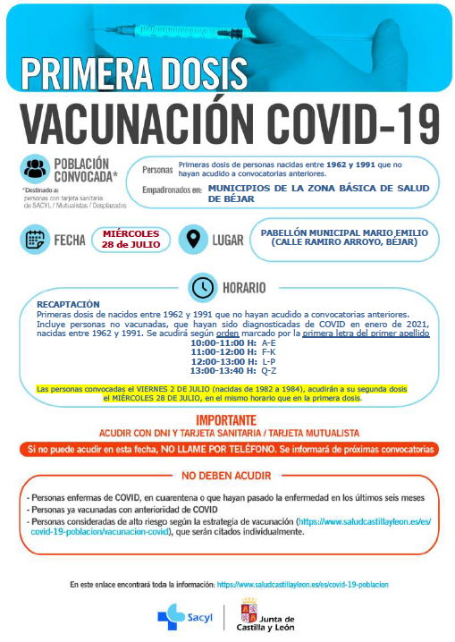 Vacunaciones en Béjar para el día 28 de julio