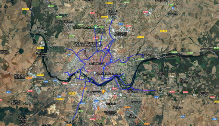 Mapa del Carril bici en Salamanca. Imagen de amigosdelabici.es
