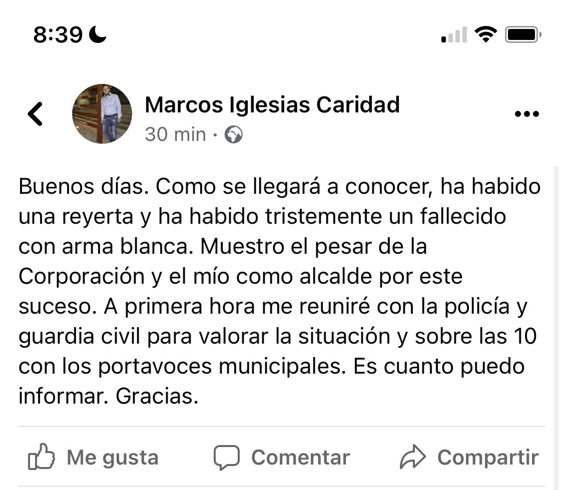 Anuncio del suceso por parte del alcalde de Ciudad Rodrigo a través de su cuenta de Facebook