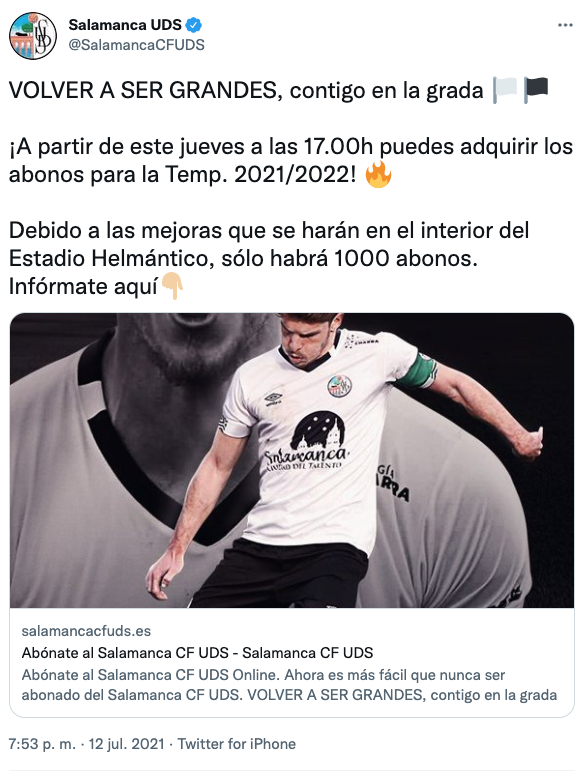 Tuit del Salamanca CF UDS el 13 de julio de 2022.