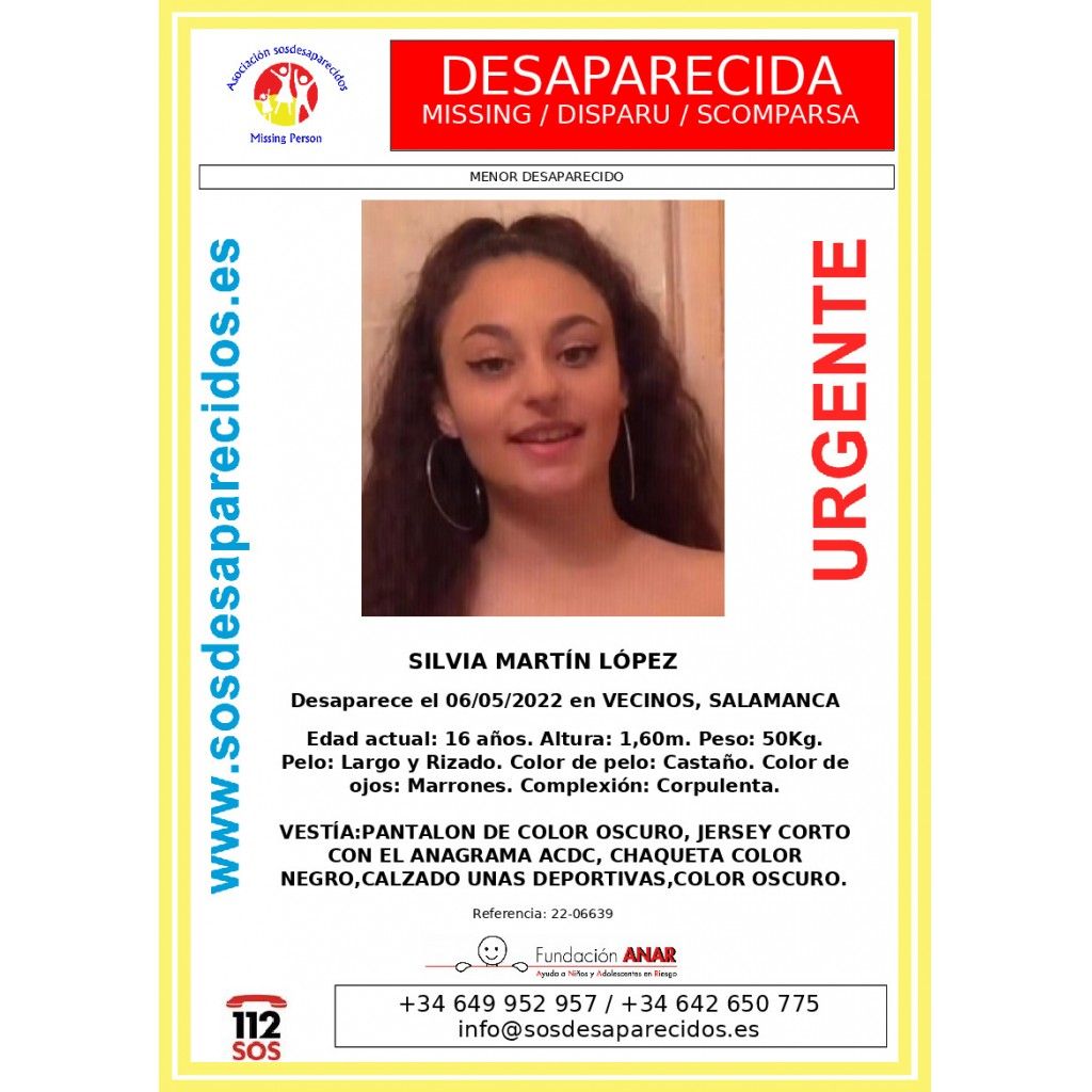 Silvia Martín López, menor de 16 años desaparecida en Vecinos. Foto: SOS DESAPARECIDOS