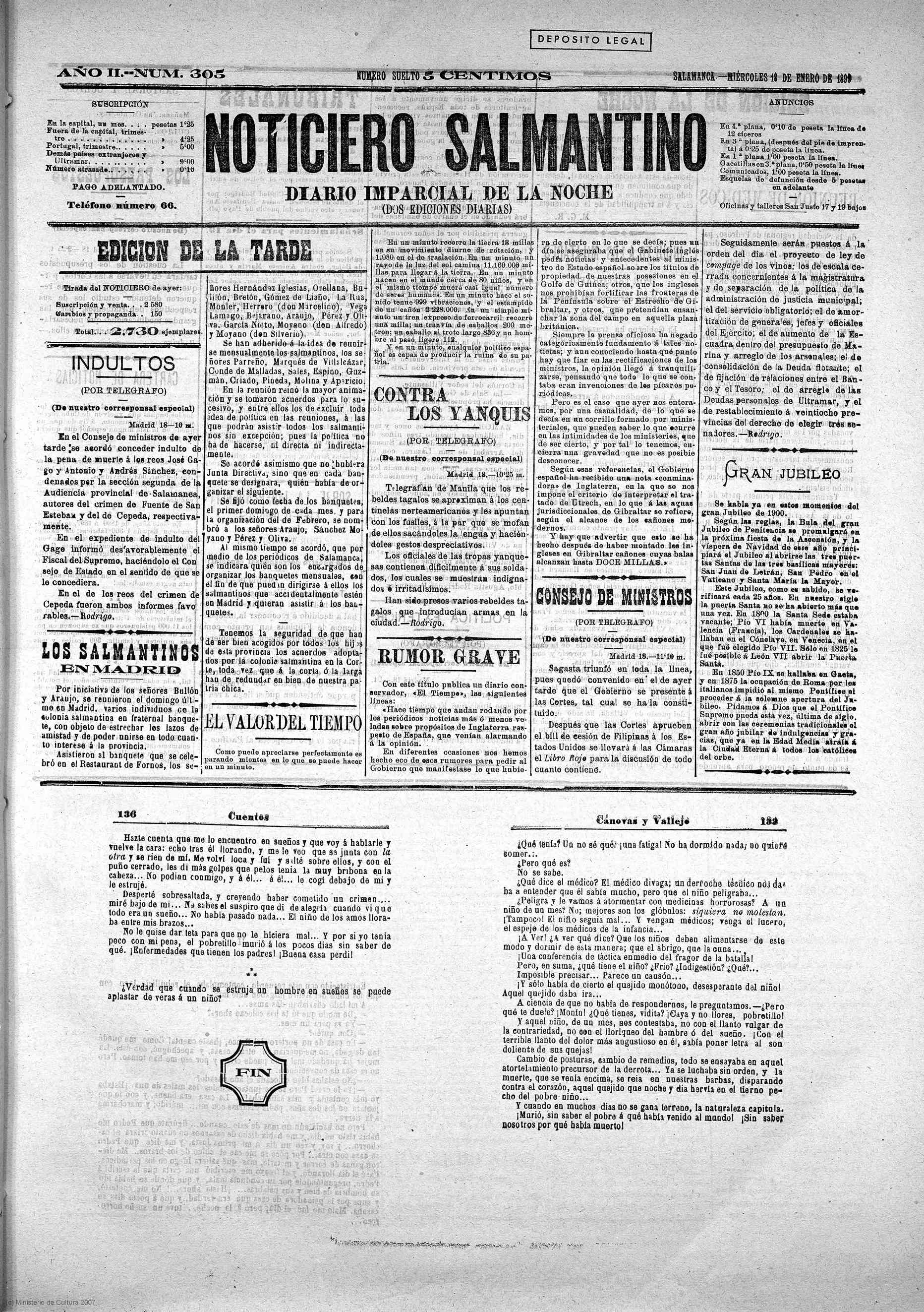 'Noticiero salmantino  diario imparcial de la tarde'   Año II Número 305 (18011899)