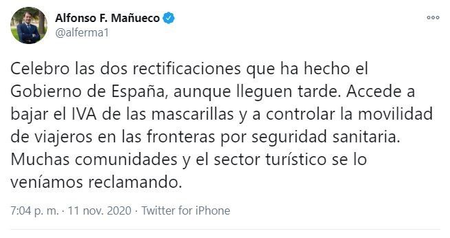 Tuit de Alfonso Fernández Mañueco sobre las últimas decisiones anunciadas por el Gobierno de España.