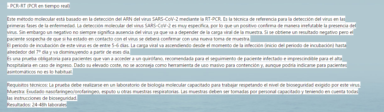 Captura de pantalla de la web de la Clínica Mencía donde explica los plazos de las pruebas PCR