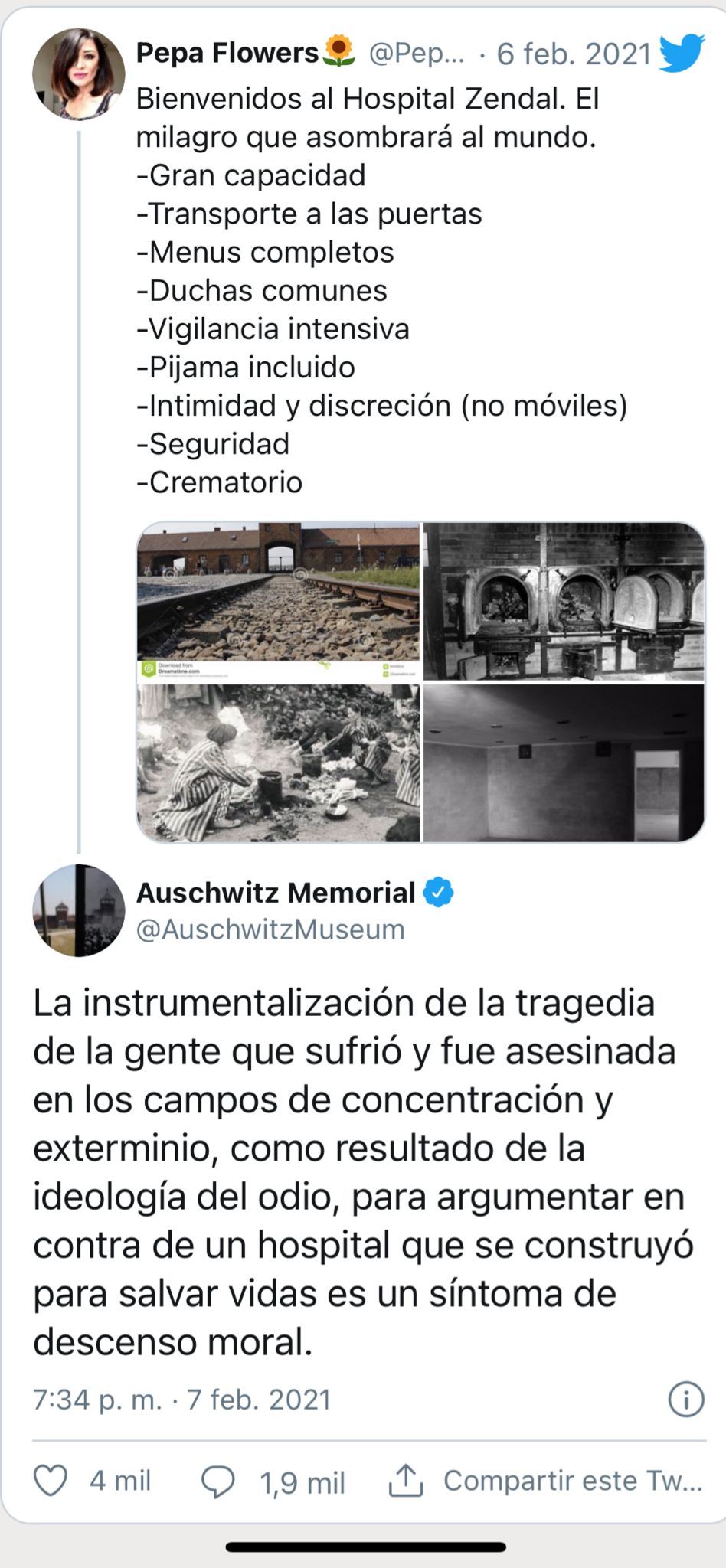 Tweet del Memorial de Auschwitz respondiendo