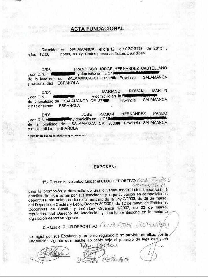 Acta de fundación del Salamanca CF UDS